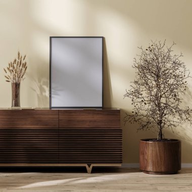 poster çerçeve ahşap çekmece üzerinde taklit ev içi kurutulmuş çimen bitkileri, 3D görüntüleme