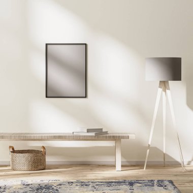 Çerçeve modern iç mekanla, güneş ışınlarıyla aydınlık odayla, duvar maketi ile, 3D görüntüleme