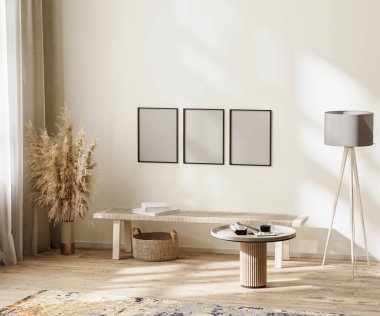 poster çerçeveleri İskandinav minimalist oda modelleri tarafsız renklerde mobilyalar, 3D illüstrasyon