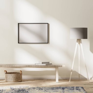 yatay çerçeve modern yaşam içinde taklit, güneş ışınları ile parlak oda, duvar taklit, 3D görüntüleme