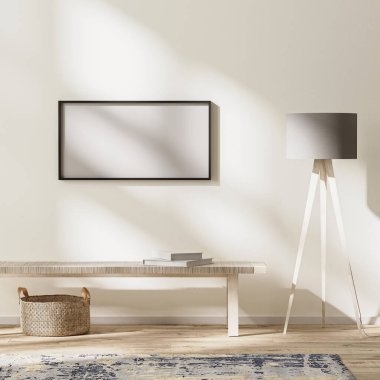 yatay çerçeve modern yaşam içinde taklit, güneş ışınları ile parlak oda, duvar taklit, 3D görüntüleme