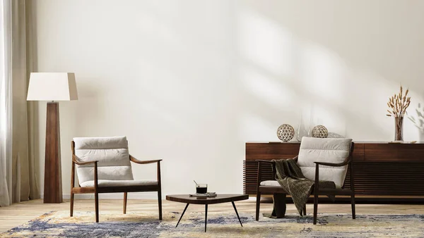 Parlak modern oturma odası tarafsız renklerde koltuklar, lamba, halı ve kahve masası, ev dekorlu çekmeceler, geniş boş duvar, 3D renkler.