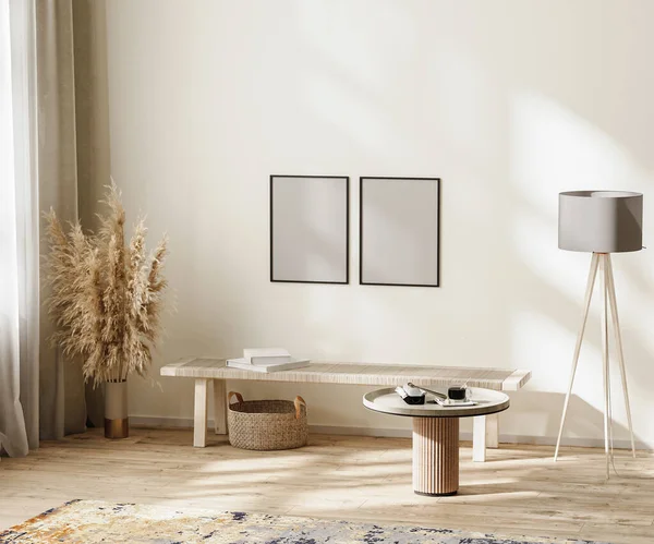 poster çerçeveleri İskandinav minimalist oda modelleri tarafsız renklerde mobilyalar, 3D illüstrasyon