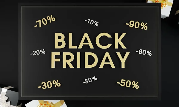黑色星期五促销横幅黑色背景和金色标志与礼物盒 黑色星期五销售的概念 销售和折扣概念 — 图库照片
