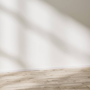 Boş duvar maket, beyaz duvar ile boş oda güneş ışığı ve gölgeler, ahşap zemin, üç boyutlu illüstrasyon