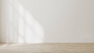 Boş duvar maket, beyaz duvar ile boş oda güneş ışığı ve gölgeler, ahşap zemin, üç boyutlu illüstrasyon