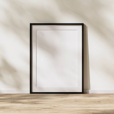 boş siyah çerçeve, hasırlı maket, ahşap zeminde poster çerçevesi güneş ışığı beyaz duvarda yapraklar, 3D görüntüleme