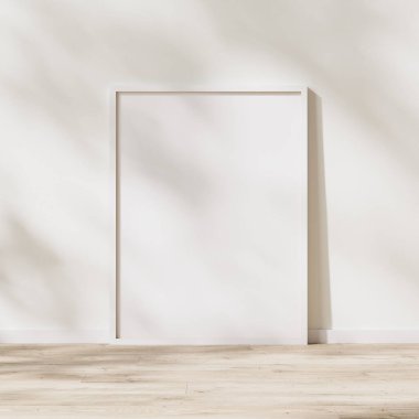 Boş beyaz çerçeve maket, ahşap zemin üzerinde poster çerçeve güneş ışığı ile beyaz duvarda yapraklar, 3D görüntüleme