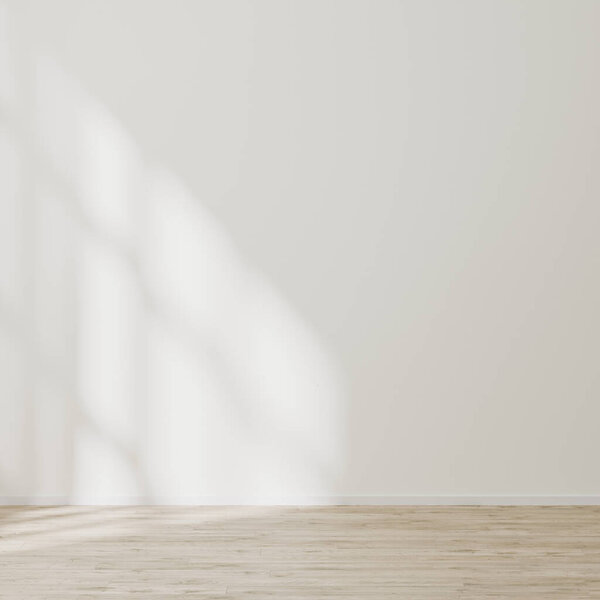 empty wall mock up, empty room with white wall with sunlight and shadows, wooden floor, 3d illustration