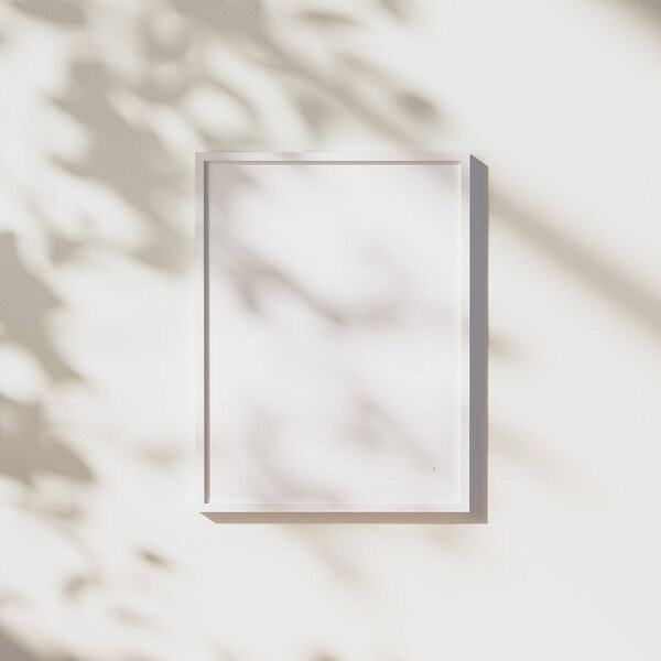 empty white frame mock up with leaves shadows and sunlight on white wall background, 3d rendering