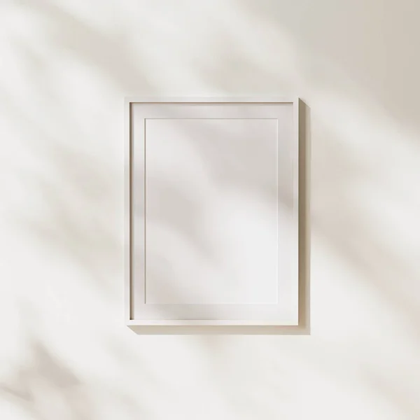 空白白色垂直的海报框架与垫子模型与叶子阴影和阳光在白墙的背景 3D渲染 — 图库照片