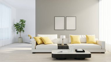 Beyaz kanepesi, lambası ve yeşil bitkisi ahşap kaplamalı parlak modern oturma odasında poster çerçevesi. İskandinav tarzı, rahat bir iç mekan. Parlak, şık bir oda modeli. 3d hazırlayıcı