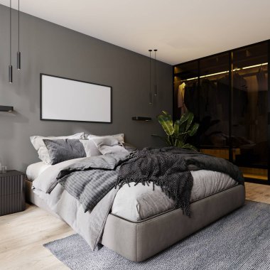 Modern yatak odasının iç kısmında yatay çerçeve modeli. Gri duvar, yatak odası ve arka ışıklandırmalı cam dolap.