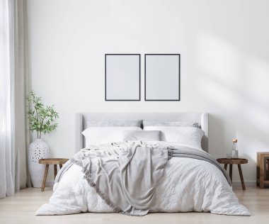 İskandinav tarzı yatak odasının içi, içi, içi, 3D resimli boş poster çerçeveleri.