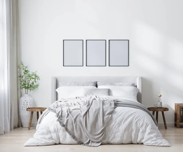 Empty Poster Frames Scandinavian Style Bedroom Interior Home Interior Rendering — Stockfoto