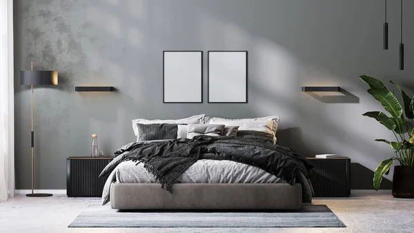 poster frames mock up in modern bedroom interior in gray tones, 3d rendering