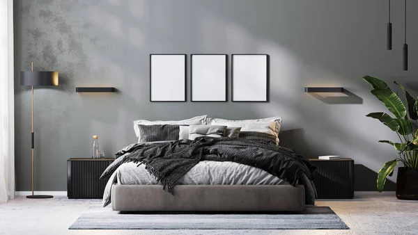 poster frames mock up in modern bedroom interior in gray tones, 3d rendering