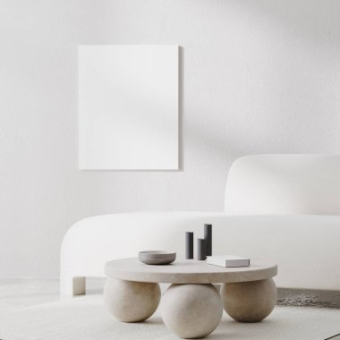 Beyaz oda iç mekânında tuval modeli. Güneş ışığı gölgeleri ve taştan sehpası olan beyaz kanepe.