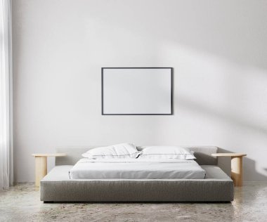 Mockup frame in bedroom interior, scandinavian style, 3d render