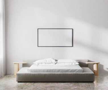 Mockup frame in bedroom interior, scandinavian style, 3d render