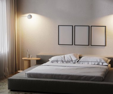 frames mock up in modern bedroom interior in dark with lamp light, 3d rendering