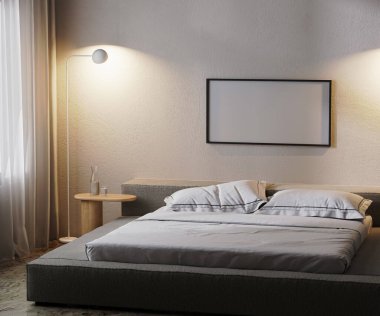 horizontal frame mock up in modern bedroom interior in dark with lamp light, 3d rendering