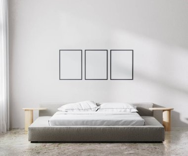 poster frames mock up in bedroom interior, scandinavian style, 3d render