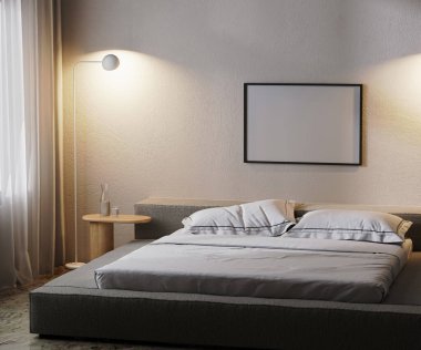 frame mock up in modern bedroom interior in dark with lamp light, 3d rendering