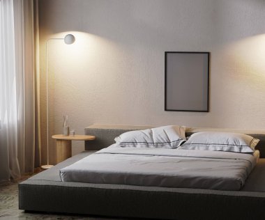 poster frame mock up in modern bedroom interior in dark with lamp light, 3d rendering