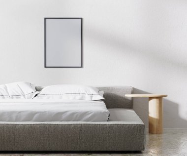 Yatak odasının içinde çerçeve modeli, minimalist tarzda, beyaz duvar, 3D görüntüleme