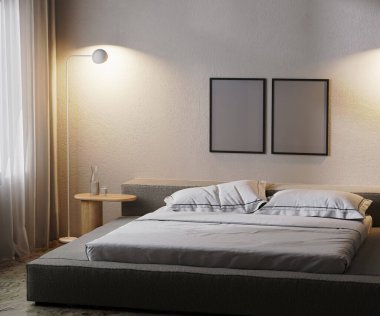 frames mock up in modern bedroom interior in dark with lamp light, 3d rendering