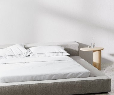 room with bed and pillows and bedside table with white wall on background, 3d rendering