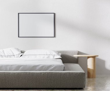 Yatay çerçeve yatak odasının iç kısmı, minimalist tarz, beyaz duvar, 3D görüntü