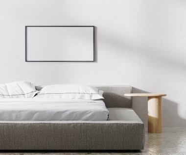 horizontal frame mock up in bedroom interior, minimalist style, white wall, 3d render