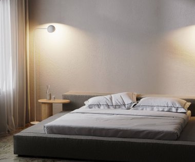 modern bedroom interior in dark with lamp light, 3d rendering