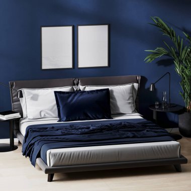 Çerçeve modern yatak odasının içini koyu mavi renklerle, siyah yatak masaları, ahşap döşemeler ve yeşil bitkilerle süslüyor.
