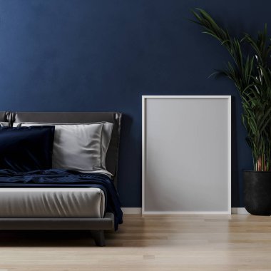 Boş beyaz çerçeve yatağın yanında maket ve modern yatak odasının içinde mavi duvarlı, 3D işlemeli  
