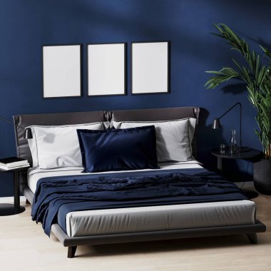 poster çerçevesi modern yatak odasının içinde koyu mavi renkler ve siyah yataklar ve yatak masaları, ahşap zemin ve yeşil bitki, 3D işlemeli.