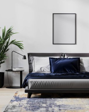 Modern yatak odasının içinde boş poster çerçeve modeli, 3D illüstrasyon