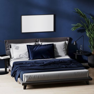 Çerçeve modern yatak odasının içini koyu mavi renklerle, siyah yatak masaları, ahşap döşemeler ve yeşil bitkilerle süslüyor.