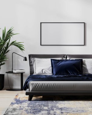 yatay çerçeve modern yatak odasının içinde modelleme, 3D illüstrasyon