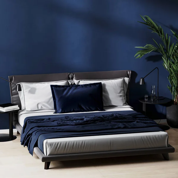 Μοντέρνο Εσωτερικό Υπνοδωμάτιο Σκούρο Μπλε Χρώμα Μαύρο Κρεβάτι Και Κρεβάτια — Φωτογραφία Αρχείου