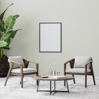 Odada boş bir poster çerçevesi, halı üzerinde iki sandalye ve kahve sehpası, tencerede tropikal bitki, boş duvar, 3 boyutlu görüntüleme.