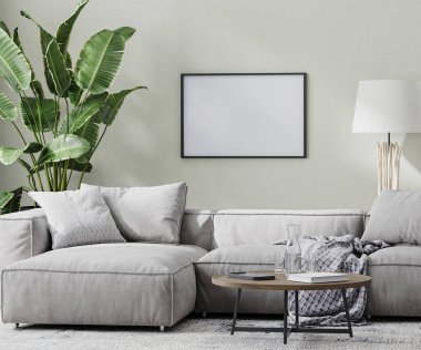 Boş yatay çerçeve, gri kanepe, kahve masası ve tropikal bitki ile modern odada taklit edilir.