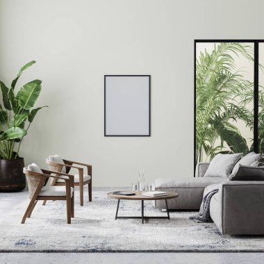 Modern oturma odasındaki boş poster çerçevesi bej duvar, gri ve ahşap mobilyalar ve palmiye yapraklı tropikal bitkiler, 3D işlemeli.