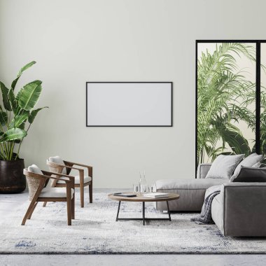 Modern oturma odasındaki yatay çerçeve bej duvar, gri ve ahşap mobilyalar ve palmiye yapraklı tropikal bitkiler, 3D işlemeli.