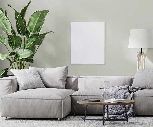 Leere Leinwand Attrappe Modernem Raum Mit Grauem Sofa Und Couchtisch — Stockfoto