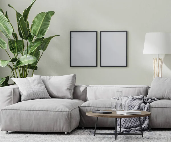 Posterrahmen Modernem Raum Mit Grauem Sofa Und Couchtisch Und Tropischer — Stockfoto