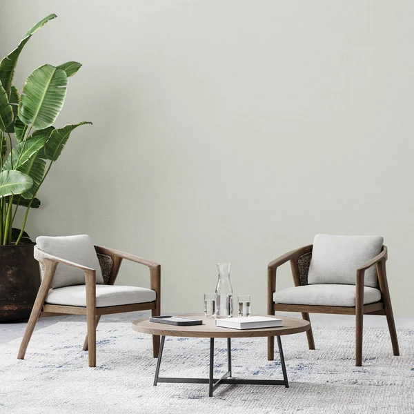 Kamer Met Twee Stoelen Salontafel Tapijt Tropische Plant Pot Lege — Stockfoto