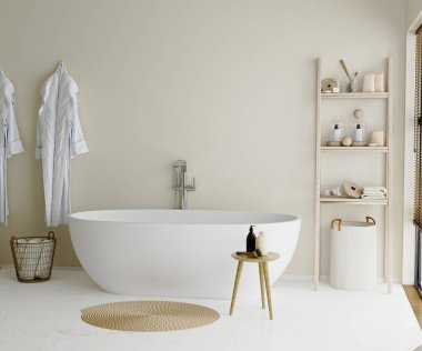 Banyo içi japandi tarzında banyo küveti, 3 boyutlu.